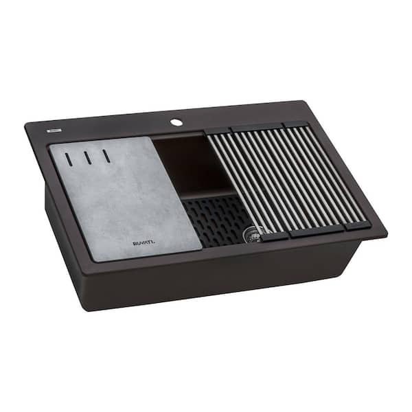 epiStage 33 in. Drop-in Topmount SIngle Bowl Worstation Kitchen Sink in Esspresso Brown Composite with Accessories