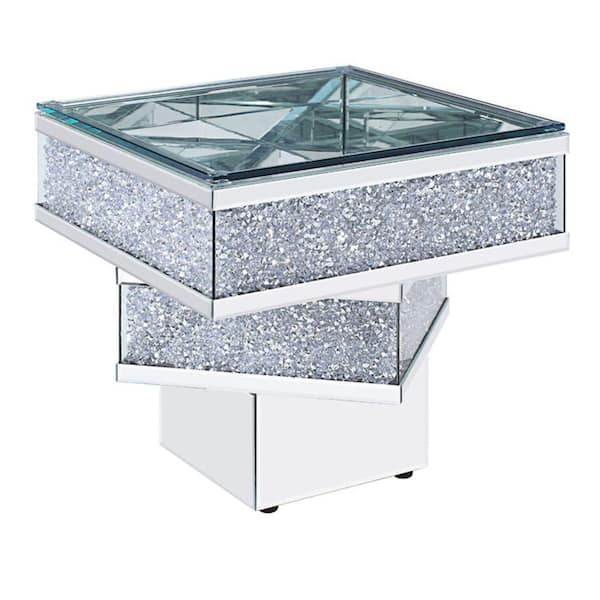 Benjara Clear Wood and Mirror End Table with Tier Design