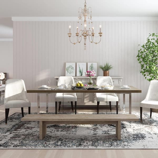 Eliza Farmhouse 5- -Light Dining Room White Wood Chandelier with Elegant French Country Design Gold Beads Curtain