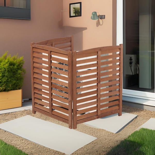 Unbranded - 32 in. W x 38 in. H 3-Panel Brown Outdoor Air Conditioner Fence Cover 3-Section Wooden Screen Outside Wood Privacy Fence
