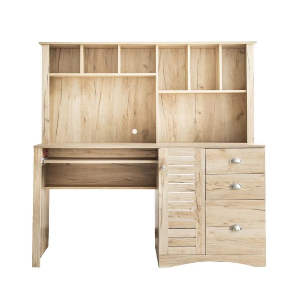 maocao hoom 23.62 in. W x 59.06 in. L Oak Home Office Computer Desk with Hutch and Drawers