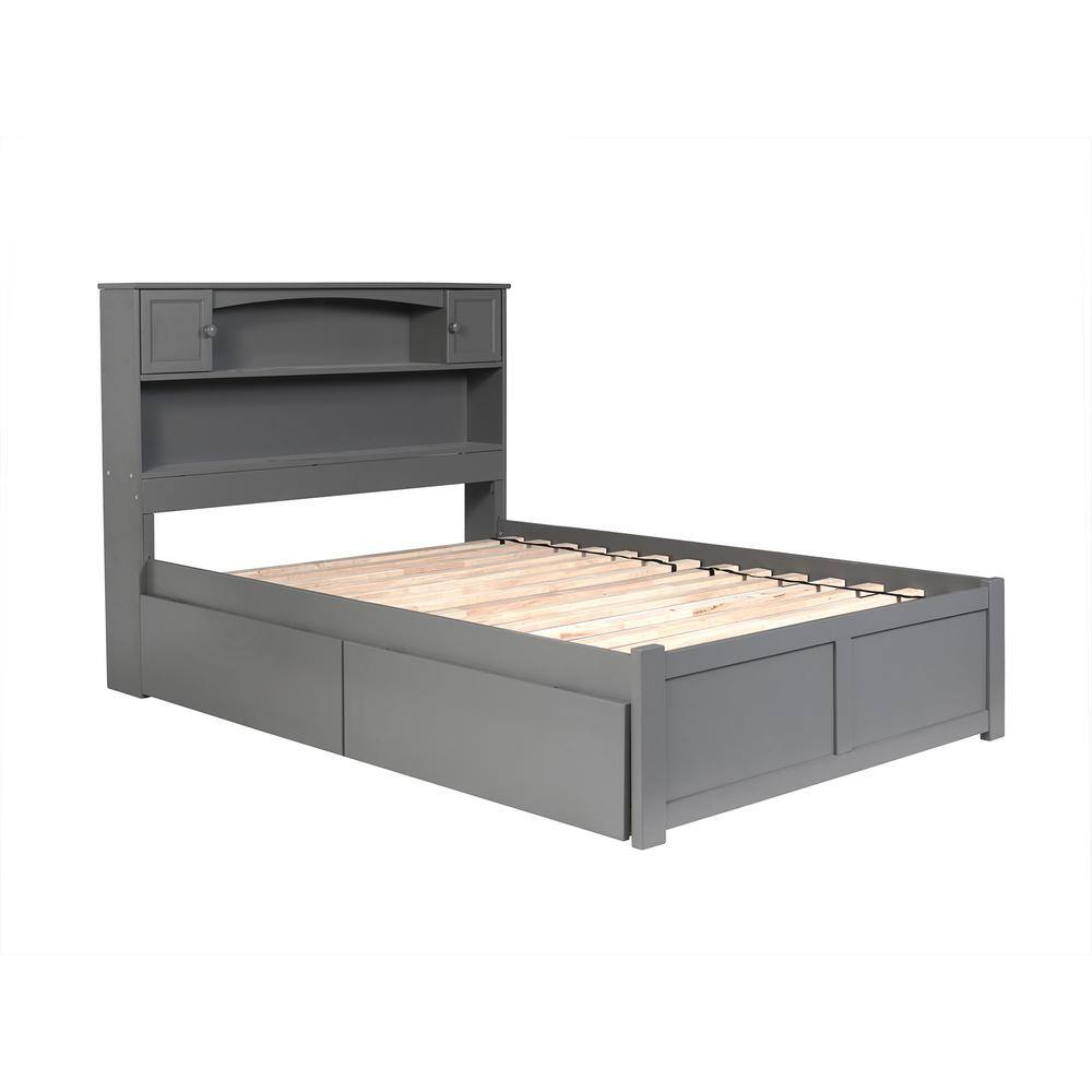 Gray Full Wood Platform Bed with Storage Drawers and Bookcase Headboard