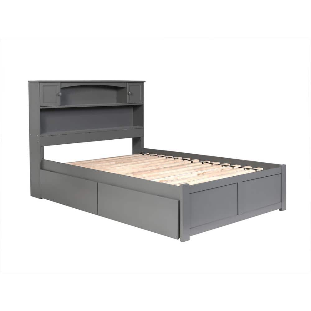 Gray Full Wood Platform Bed with Storage Drawers and Bookcase Headboard