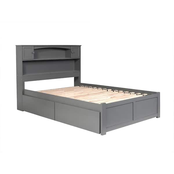 Newport Grey Full Solid Wood Storage Platform Bed with Flat Panel Foot Board and 2 Bed Drawers