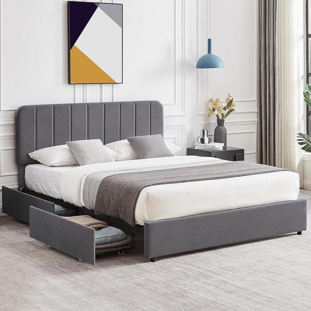 VECELO Upholstered Bed Gray Metal Frame Full Size Platform Bed With 4-Storage Drawers And ...