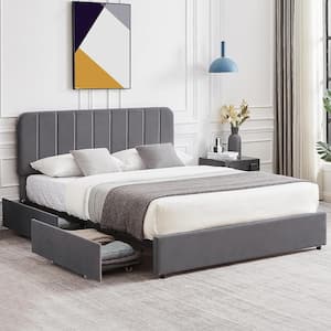 Upholstered Bed Gray Metal Frame Full Size Platform Bed with 4-Storage Drawers and Headboard, Wooden Slats Support
