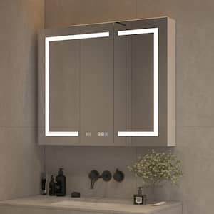 30 in. W x 36 in. H Rectangular Silver Surface Mount Double Door Medicine Cabinet with Mirror and LED Light