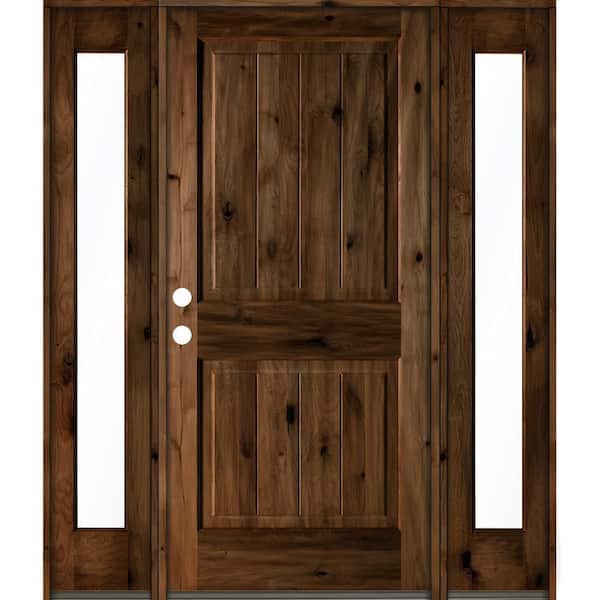 Krosswood Doors 64 in. x 80 in. Rustic Alder Square Provincial Stained Wood with V-Groove Right Hand Single Prehung Front Door