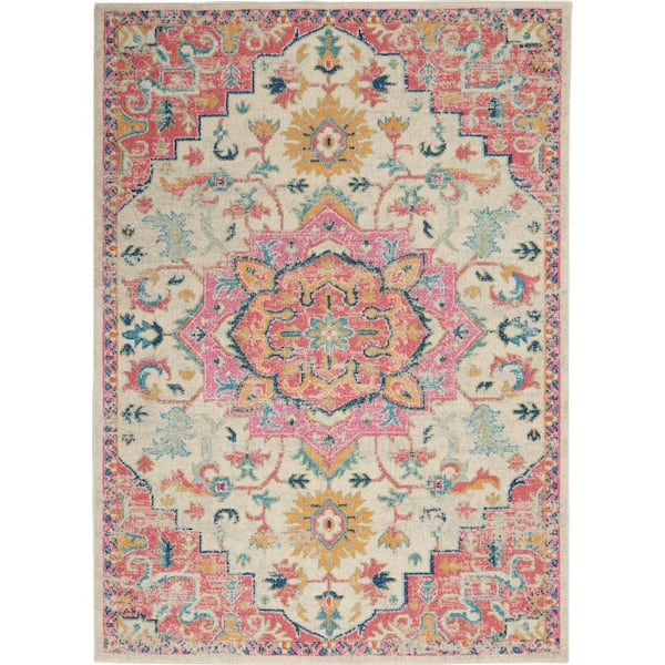 Nourison Passion Ivory/Pink 4 ft. x 6 ft. Persian Modern Transitional Area Rug