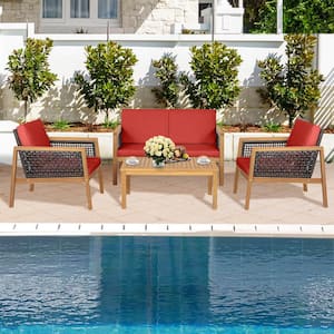 Brown 4-Piece Wood Patio Conversation Set with Red Cushions