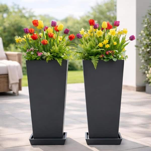 2-Piece Black Plastic Weather-Resistant Tall Planter (10 in. W x