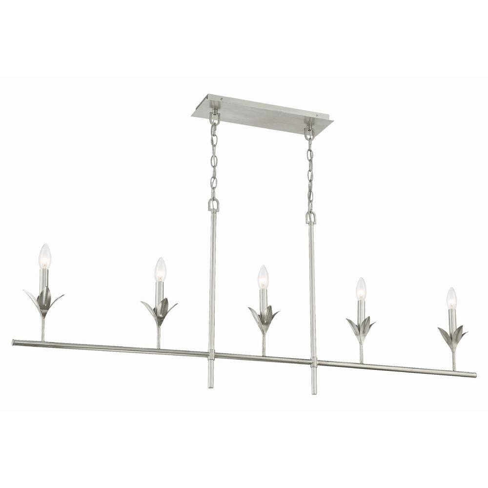 Antique Silver 5-Light Chandelier with White Silk Shades