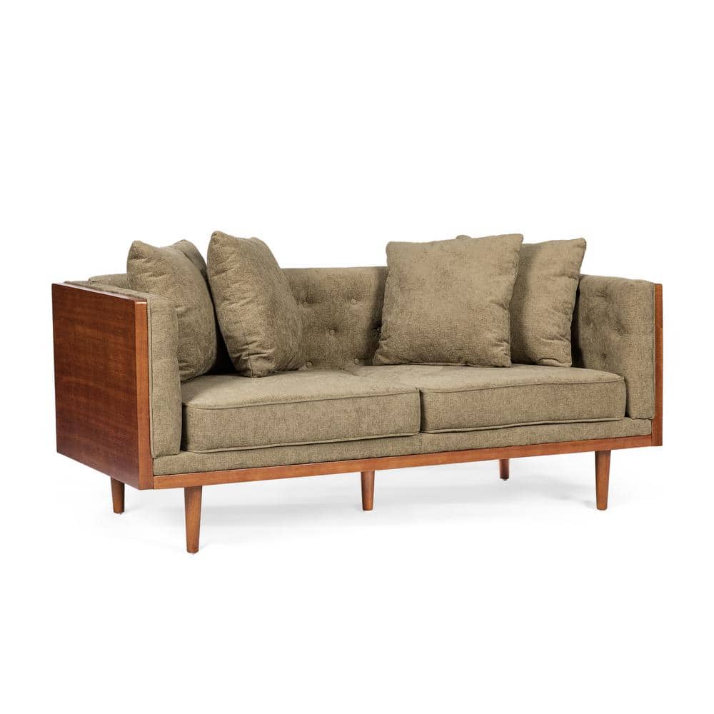 Dark Beige Fabric Tufted Loveseat with Walnut Frame and Accent Pillows