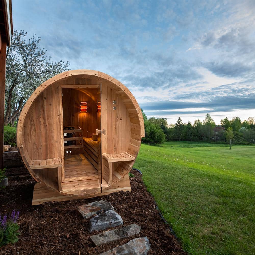 Natural Cedar 4-Person Outdoor Barrel Sauna with 4.5 kW Heater
