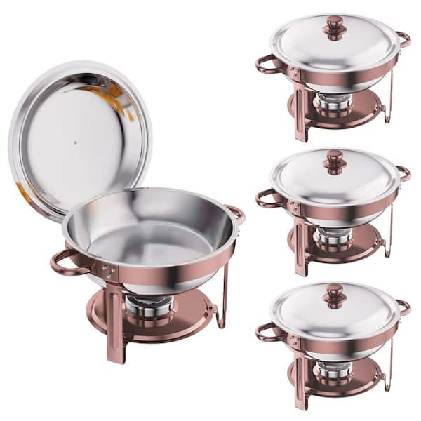 6 qt. Rose Gold Round Chafing Dish Set, Silver Stainless Steel Buffet Warmer with Lid for Catering (4-Pack)