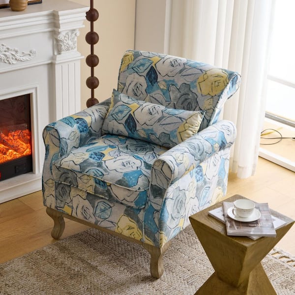 Blue and Yellow Velvet Arm Chair with Pillow