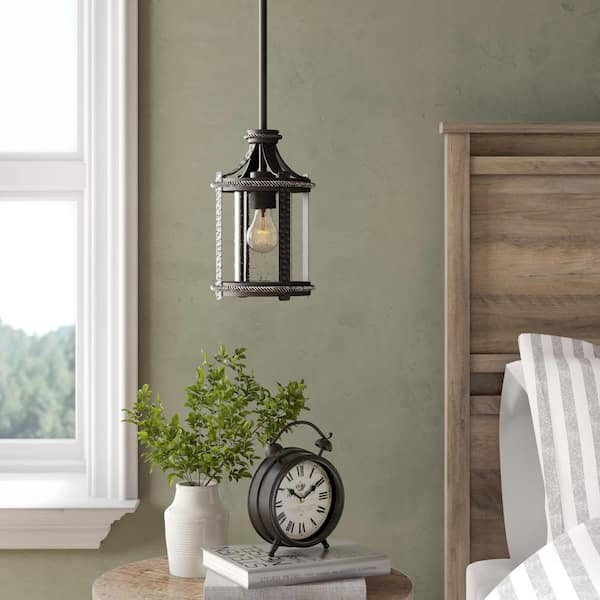 Designers Fountain Palencia 60-Watt 1-Light Artisan Pardo Wash Rustic Mini Pendant Light with Clear Seedy Glass Shade and No Bulbs Included