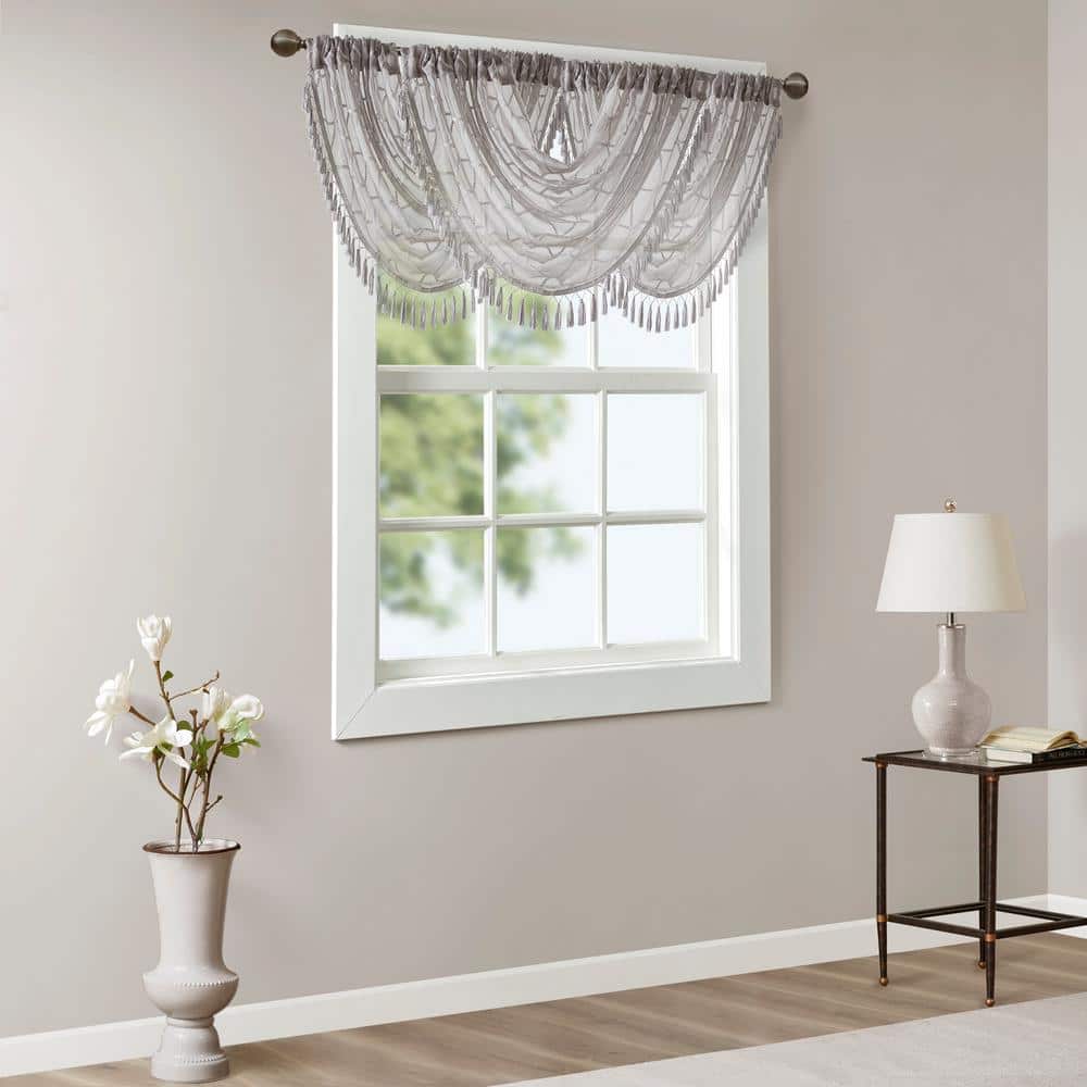 Gray Diamond Sheer Embroidered Waterfall Valance