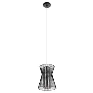 Maseta 9 in. W x 11.5 in. H 1-Light Structured Black Metal Frame Pendant Light with Transparent Smoked Glass Shade