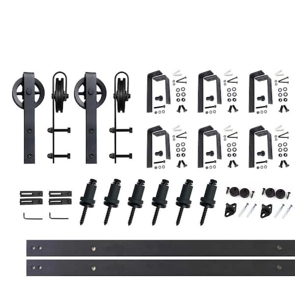 HOMACER 7.5 ft./90 in. Black Rustic Double Track Bypass U-Shape Sliding Barn Door Hardware Kit - Spoke Wheel Design Roller