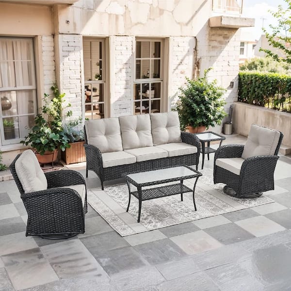 SleekArm 5-Piece Black Wicker Patio Conversation Set with Olefin Beige Cushion and Outdoor Swivel Glider Chairs