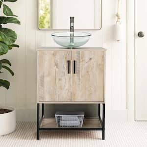 24 in. W x 20 in. D x 31.5 in. H Freestanding Bath Vanity In Oak with Clear Tempered Glass Sink Top and Drain Faucet Set