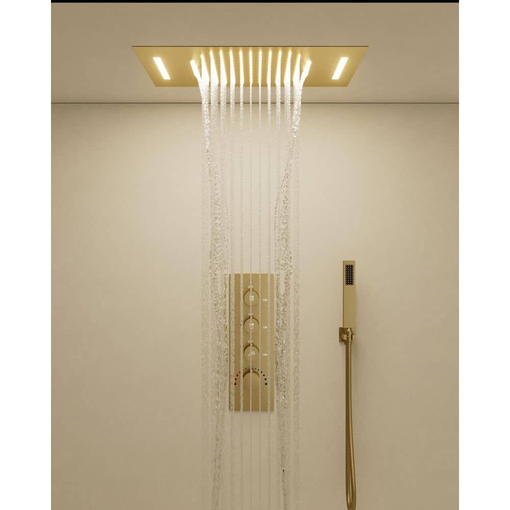 yawwalk LED Mood Lighting 7-Spray 23 x 15 in. Ceiling Mount Dual and Handheld Shower 2.5 GPM in Brushed Gold(Valve Included)