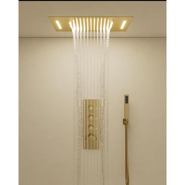 YAWWALK LED Mood Lighting 7-Spray 23 x 15 in. Ceiling Mount Dual and Handheld Shower 2.5 GPM in Brushed Gold(Valve Included)