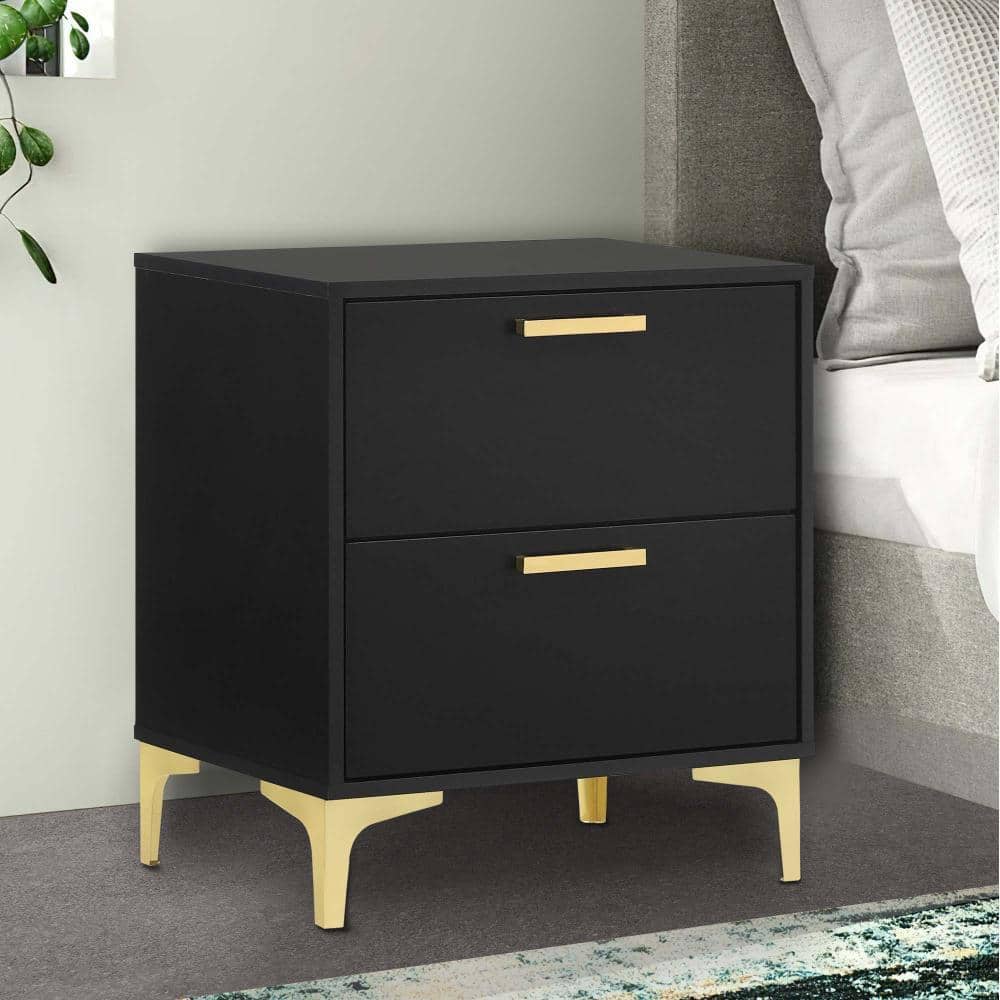 Benjara Black and Gold 2Drawer 21.75 in. Wooden Nightstand BM297270