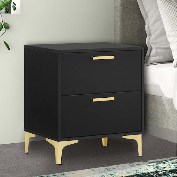 Benjara Black and Gold 2-Drawer 21.75 in. Wooden Nightstand