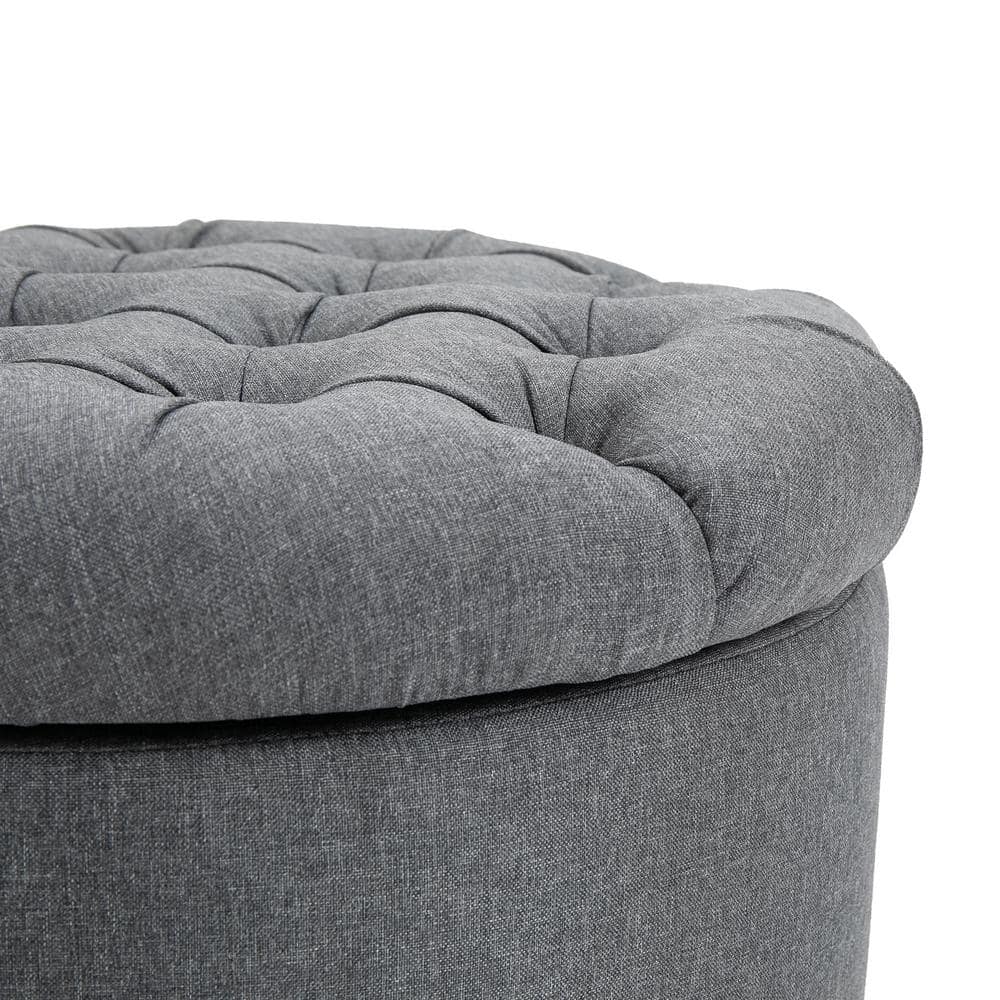 Vintage Round Tufted Linen-Feel Storage Ottoman in Grey