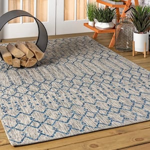 Ourika Moroccan Geometric Textured Weave Light Gray/Navy 5' Square Indoor/Outdoor Area Rug
