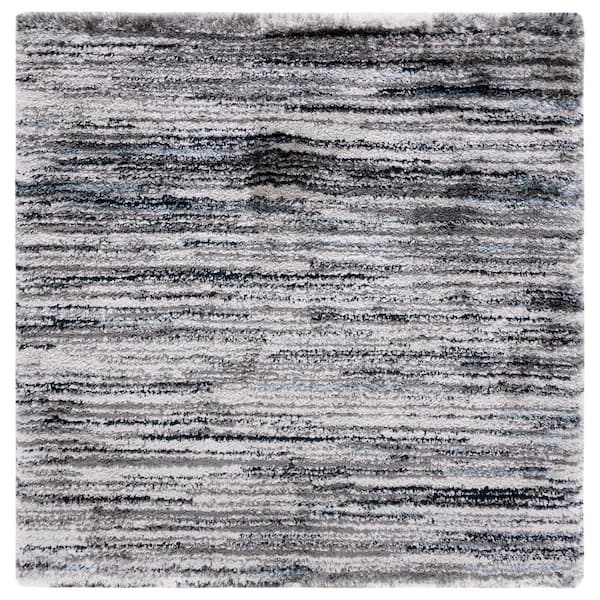 Cloud Shag 7 ft. x 7 ft. Gray/Blue Striped Distressed square Area Rug