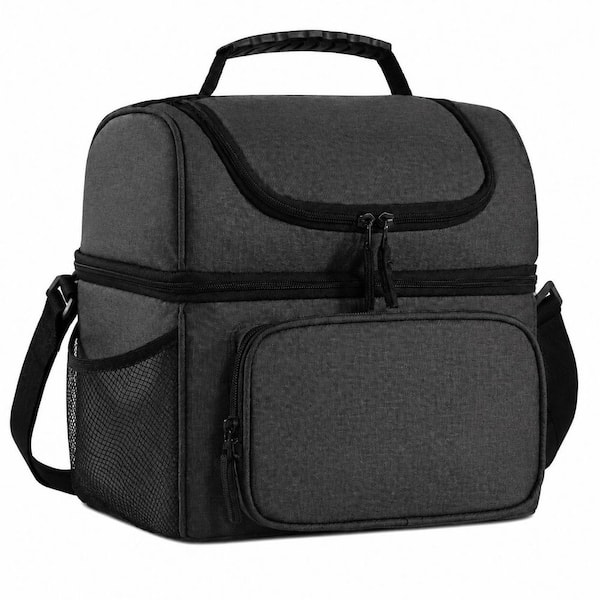 Dark Gray Insulated Lunch Bag Cooler with Dual Compartments, Shoulder Strap, Leak Resistant Polyester