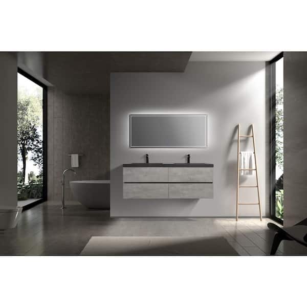 60 in. W Floating Double Sink Bath Vanity in Grey with Matt Black Quartz Sand Top
