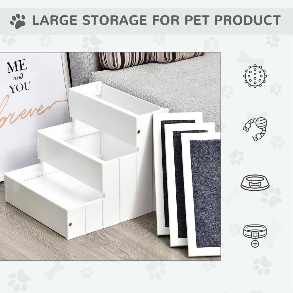 White Wooden 3-Step Pet Stairs with Carpet and Storage