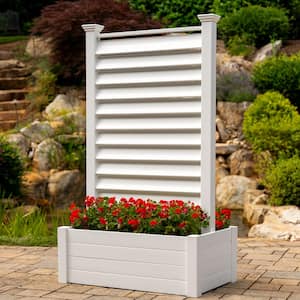 Lexington 6 ft. x 3.6 ft. x 2 ft. White Freestanding Vinyl Louvered Flat Top Privacy Fence Panel Screen and Planter Box