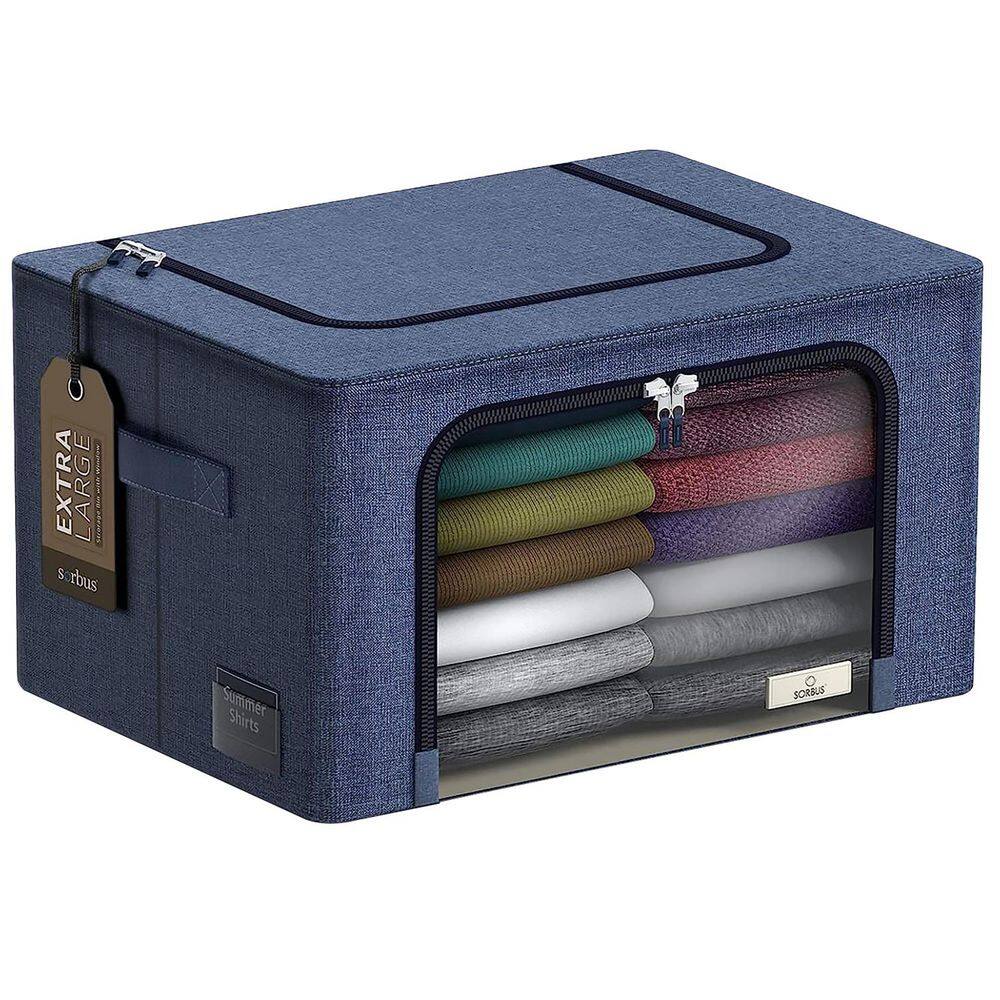 Blue 24 in. x 14 in. Fabric Decorative Box Set of 1, Jumbo Stackable Storage Bins with Metal Frame, Window, & Handles