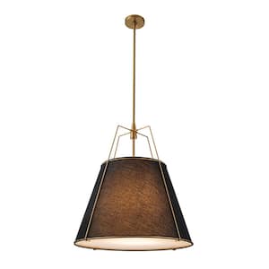 Haven Modern Farmhouse 23.6 in.W 4-Light Brass Frame Pendant Light with Black Fabric Shade for Hallway or Kitchen