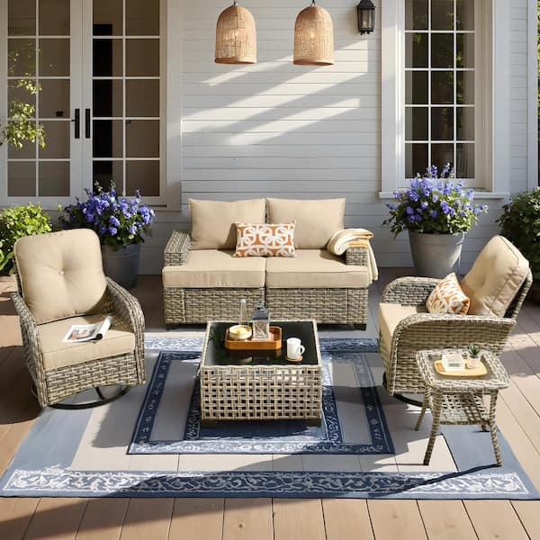 Torino Gray 6-Piece Modern Wicker Patio Conversation Deep Seating Set with Swivel Rocking Chairs and Beige Cushions