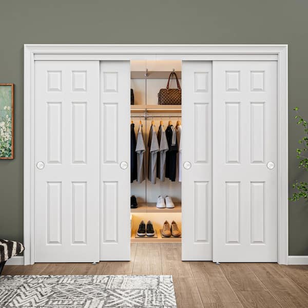 96 in. x 80 in. 6-Panel White Primed MDF Composite Sliding Door with Hardware