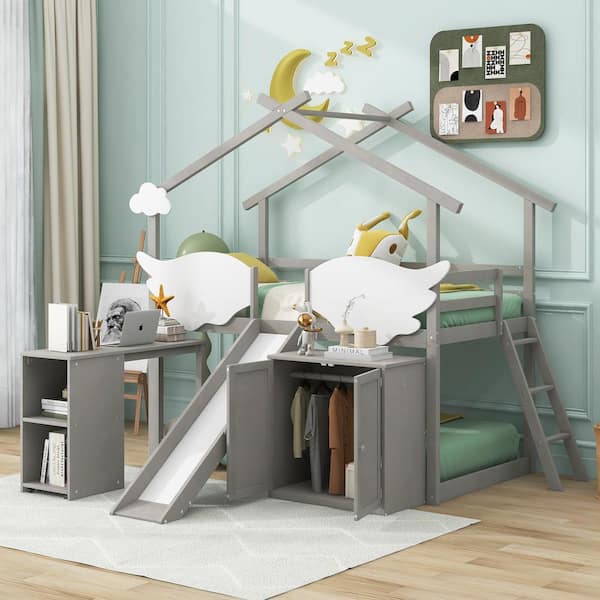 Qualler Gray Twin Size House Loft Bed with Wardrobe and Slide
