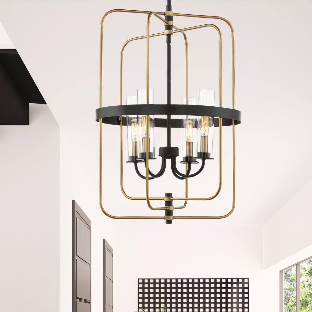 Vintage Black and Warm Brass 4-Light Foyer Chandelier with Clear Glass