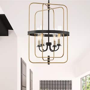 Kearney 17 in. W x 25 in. H 4-Light Warm Brass Shaded Foyer Pendant Light with Clear Glass Shades
