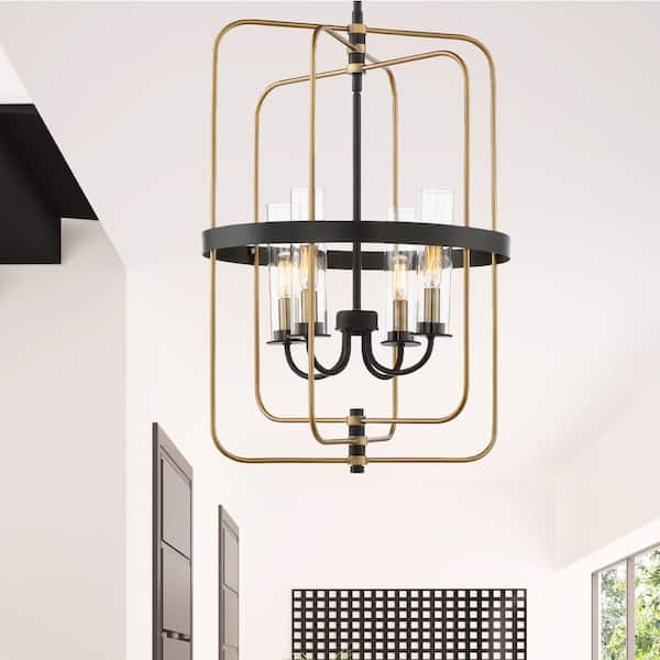Savoy House Kearney 17 in. W x 25 in. H 4-Light Warm Brass Shaded Foyer Pendant Light with Clear Glass Shades