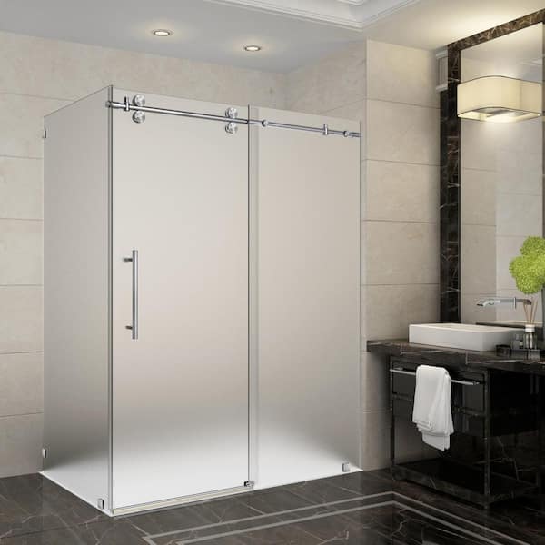 Aston Langham 56 in. - 60 in x 33.8125 in. x 75 in. Frameless Sliding Shower Enclosure, Frosted Glass in Stainless Steel
