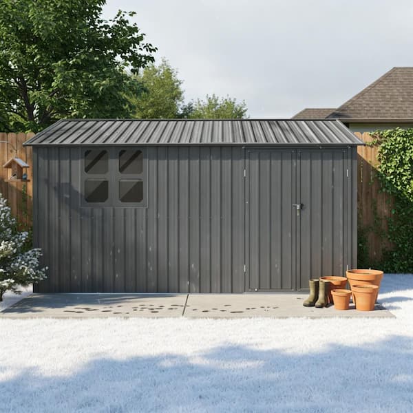 12 x 10 ft. Gray Metal Garden Sheds with Window, Goods Shelves,Lockable Doors