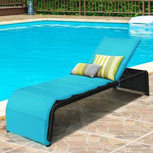 Patio Rattan Ergonomic Lounge Chair Back Adjustable Chaise Recliner with Cushioned in Turquoise