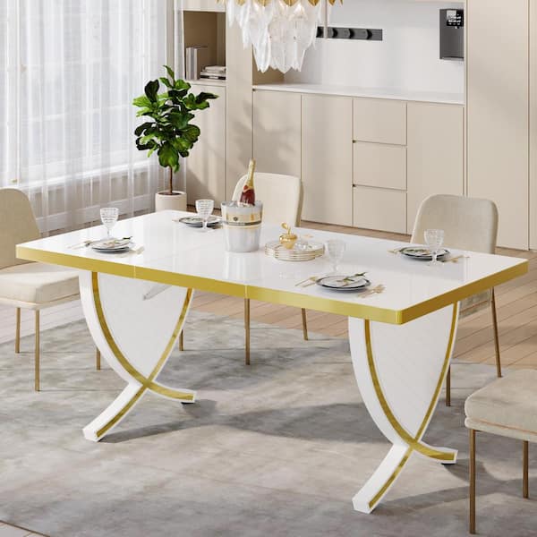 TRIBESIGNS WAY TO ORIGIN Halsey 63 in. White Engineered Wood Sled Dining Table with Gloss Top, Modern Rectangle Dinner Kitchen Table for 4