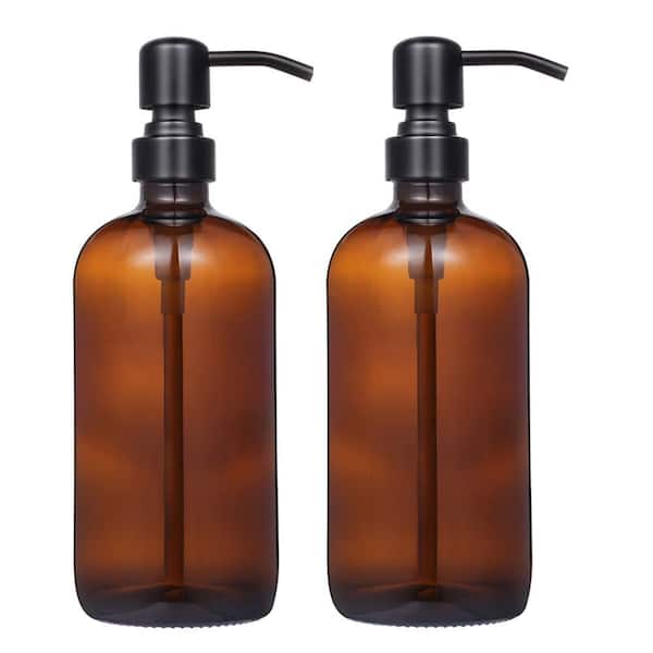 2 Pack Freestanding Amber Glass 16 oz Boston Round Soap Dispenser Set with Matte Black Rustproof Pump